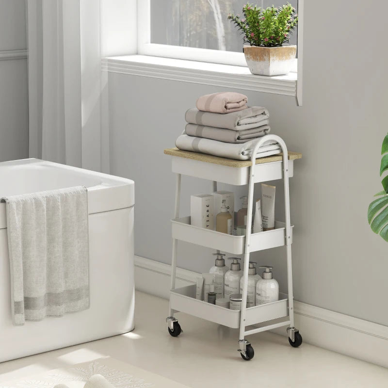 3-Tier Kitchen Storage Trolley on Wheels with Cover Top Board - Stylish White and Oak Design for Easy Organization