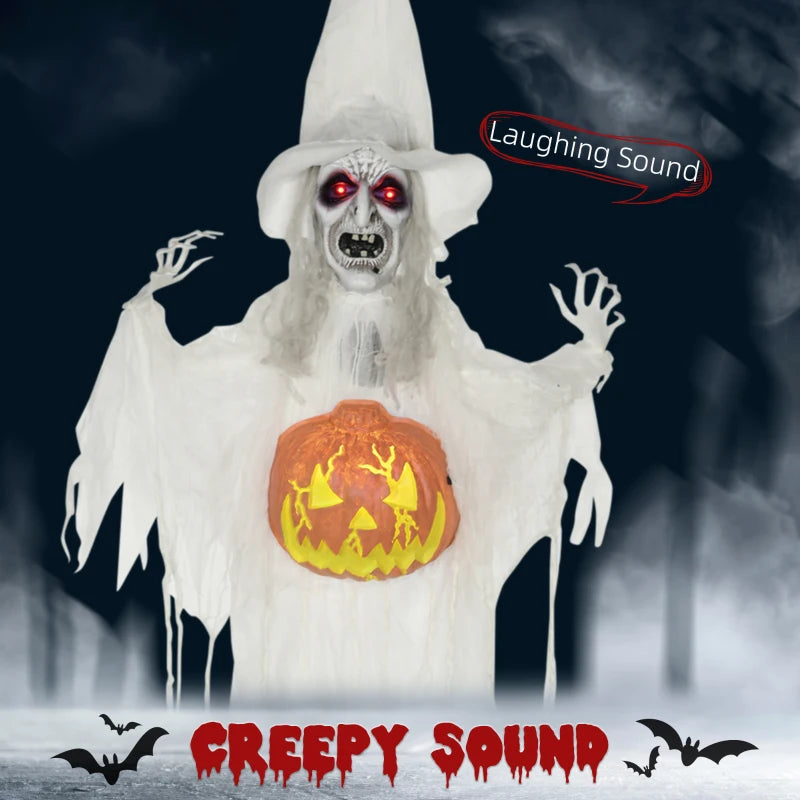 6ft Outdoor Halloween Witch Decoration with Pumpkin - Life Size Skeleton Prop, Sound & Motion Activated, Light Up Eyes, Laughing Sound