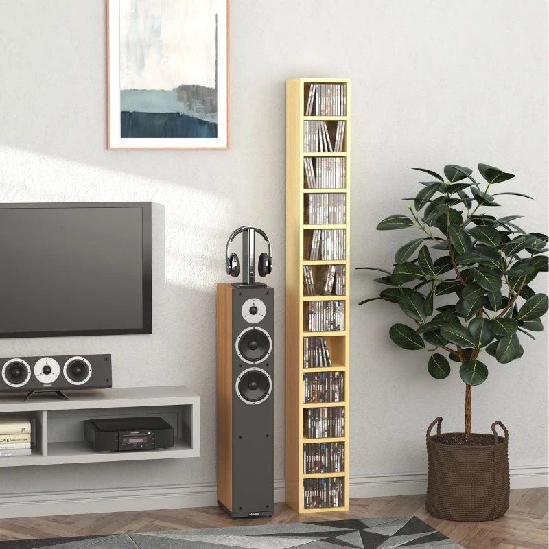 204 CD Tall Narrow Media Storage Tower - Stylish Oak Tone Organizer for DVDs, CDs, and Games - Space-Saving Design