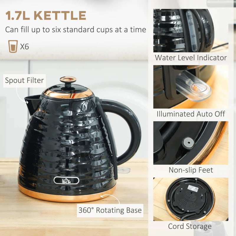 3000W Rapid Boil Kettle & 2 Slice Toaster Set - 1.7L Kettle with 7 Browning Controls, Black, Perfect Kitchen Duo