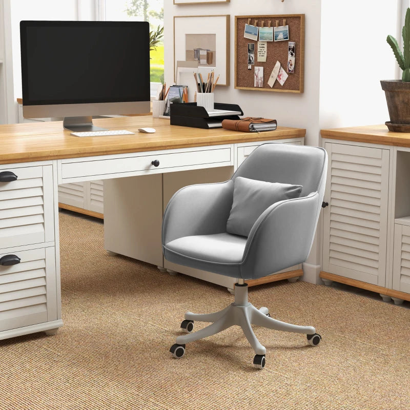 Vinsetto Grey Velvet Office Chair with Massage Lumbar Pillow, Rolling Wheels - Stylish Desk & Makeup Vanity Chair for Home