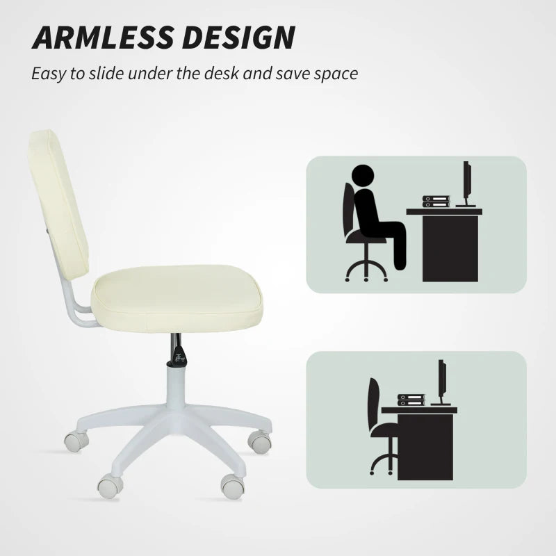 Vinsetto Cream PU Leather Vanity Office Chair - Adjustable Height, Armless Design, Swivel Wheels for Home & Office Use
