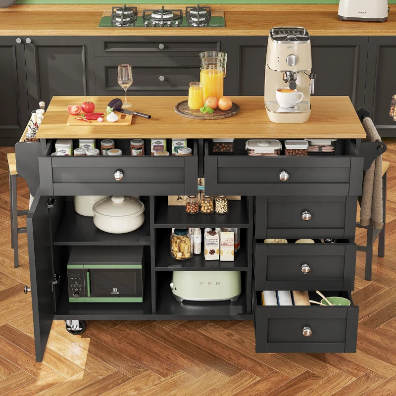 4-Tier Rolling Kitchen Island with Versatile Storage - Black Wooden Finish for Utensils & Kitchen Organization