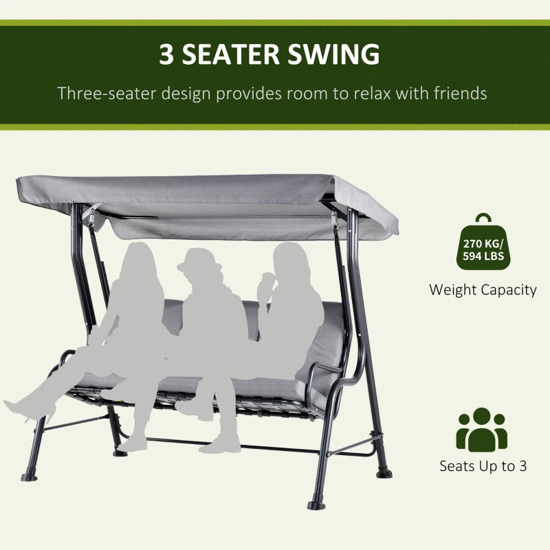 Grey Metal 3-Person Outdoor Porch Swing Chair