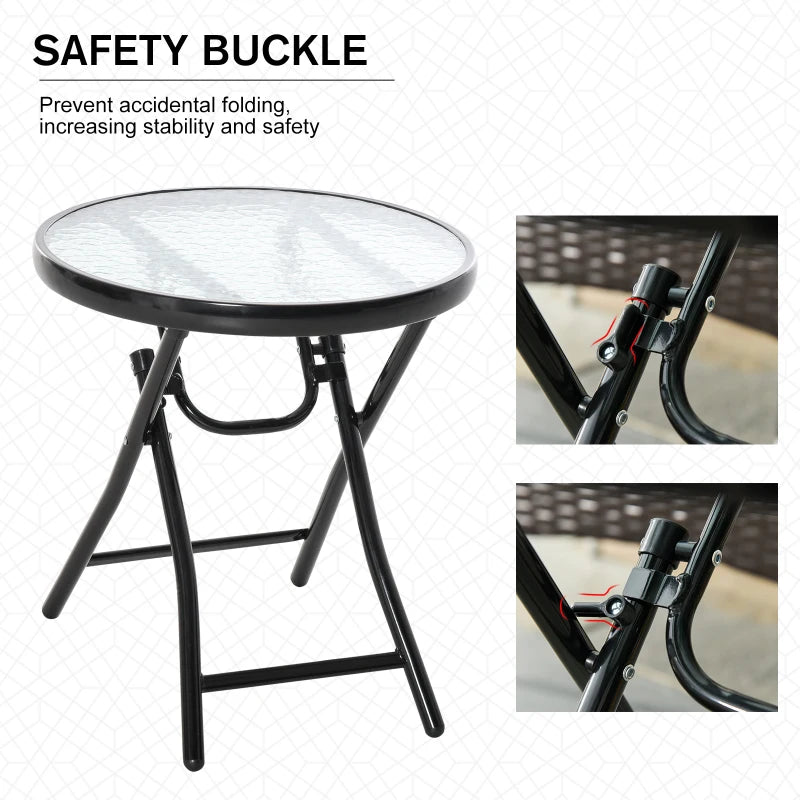 Black Round Glass Garden Folding Table with Safety Buckle