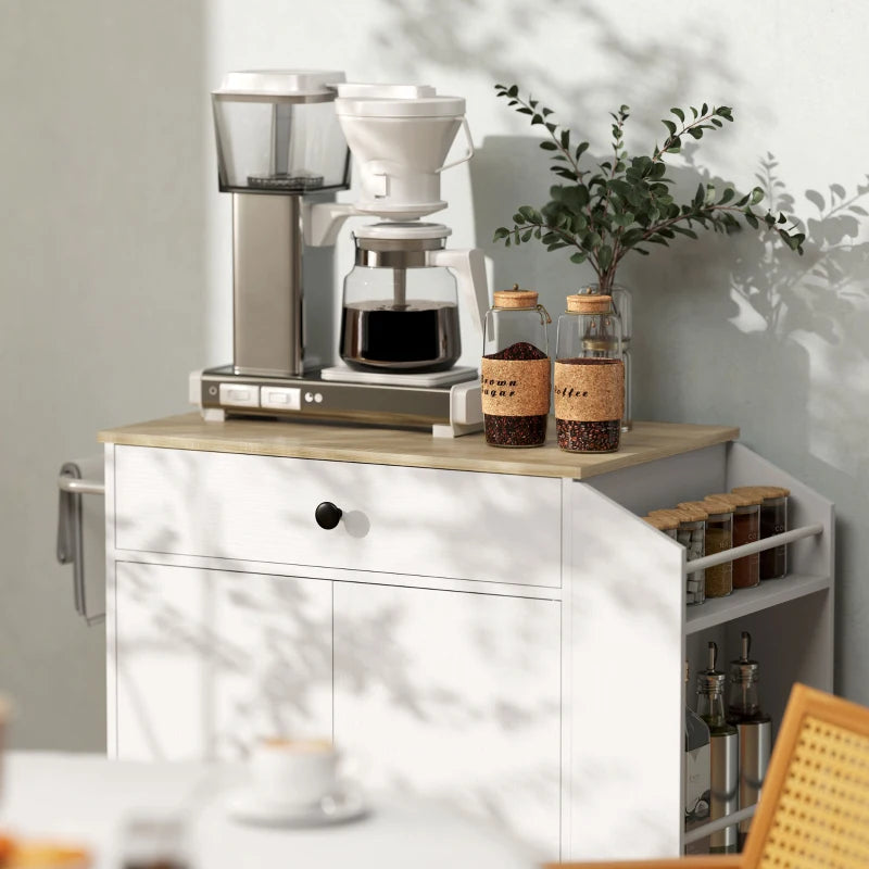 Rolling Kitchen Island Cart with 3-Tier Spice Rack, Drawer & Towel Holder - White Kitchen Storage Solution