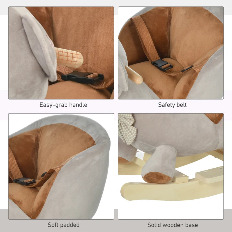 Kids Plush Rocking Horse Ride-On Bear Toy with Sound & Safety Belt - Wooden Base for Toddlers 18-36 Months - Grey