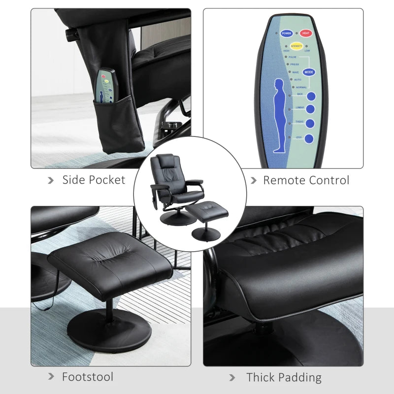 Faux Leather Swivel Recliner Chair with Footstool, Remote Control Massage Armchair, Stylish Black Design