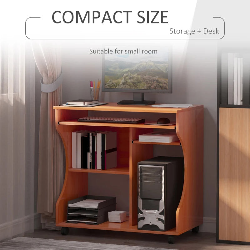 Multi-Storage Compact Work Desk on Wheels - Cherry Wood Finish, Space-Saving Home Office Furniture