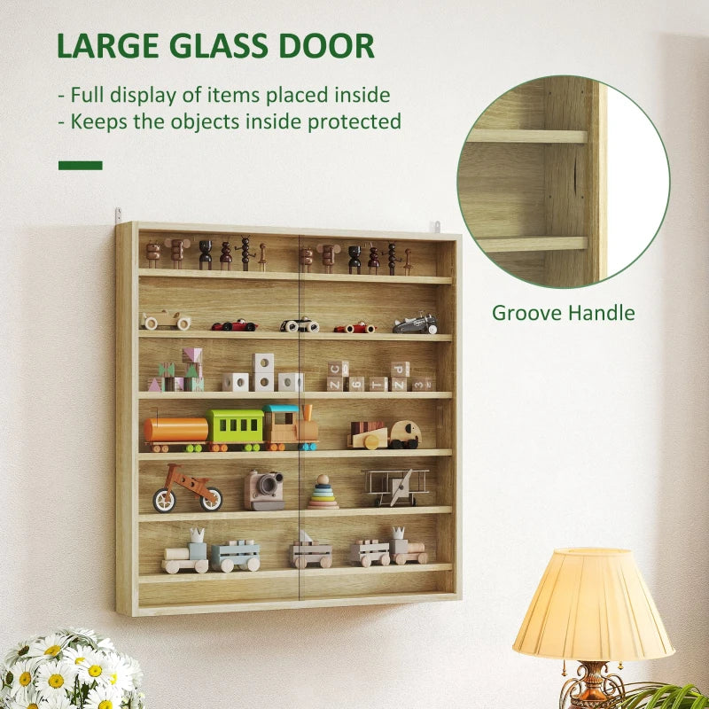 Elegant Oak Six Shelf Display Cabinet with Glass Doors - Perfect for Home Decor and Storage Solutions