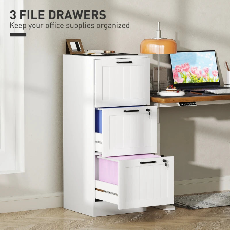 Secure 3 Drawer Filing Cabinet with Lock - Adjustable Hanging Bars for A4 Files - Stylish White Office Storage Solution