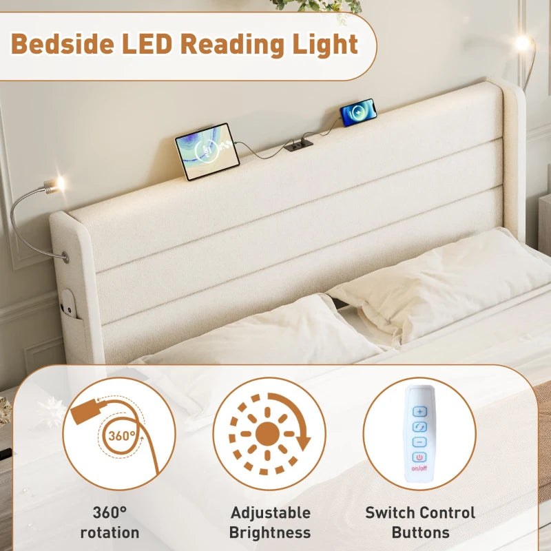 King Upholstered Bed with Hydraulic Storage & LED Reading Light - Beige, 208L x 158W x 113H cm, Stylish Headboard