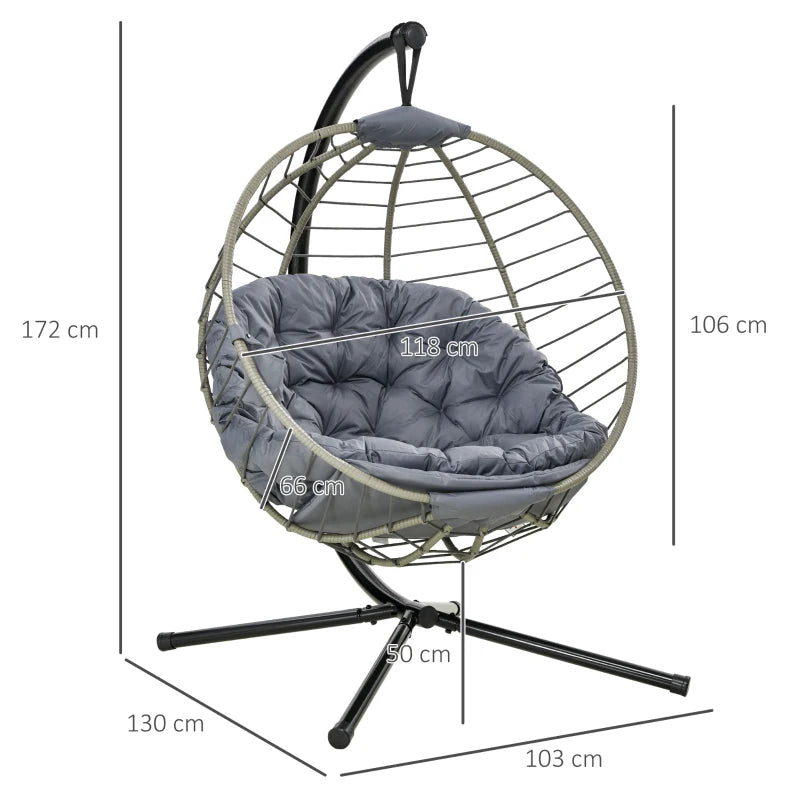 Grey Rattan Swing Chair with Metal Stand and Padded Cushion