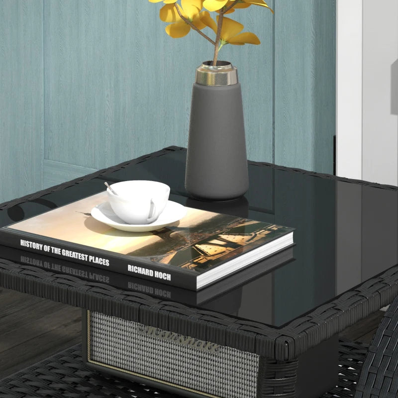 Black Two-Tier PE Rattan Square Coffee Table for Outdoor Patio and Garden