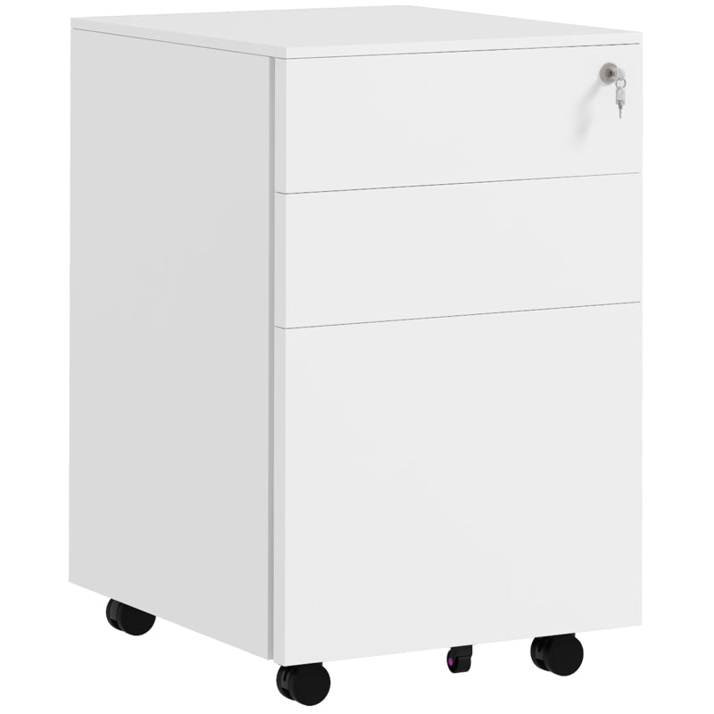 Vinsetto 3-Drawer Vertical Filing Cabinet - Mobile Steel File Cabinet with Lock, Pencil Tray & 5 Wheels, Pre-Assembled, White