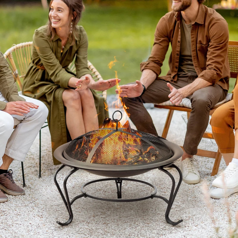 Metal Fire Pit Bowl - Round Outdoor Fire Pit with Lid, Log Grate & Poker for Backyard BBQ & Camping - 56cm