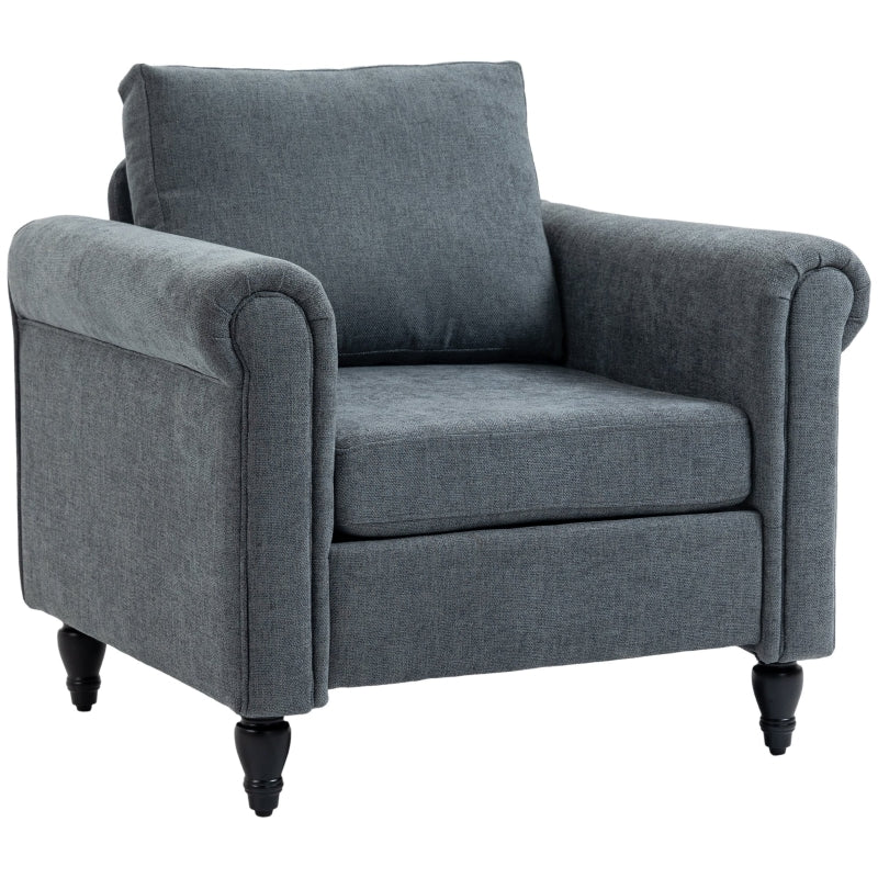 Vintage Upholstered Accent Chair with Back Pillow and Rolled Arms, Grey Fabric, Rubber Wood Legs