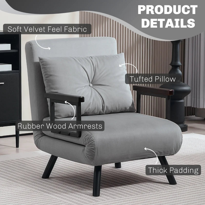 Velvet-Feel Single Chair Bed with Pillow in Light Grey – Versatile 4-in-1 Design for Comfort and Style