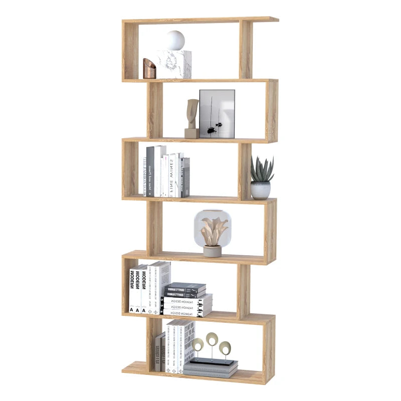 6-Tier S-Shaped Bookcase - Stylish Oak Storage Unit & Display Shelf for Living Room, Bedroom, Home Office, Plants