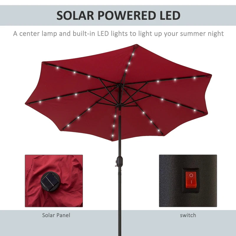 Red 2.7m Patio Garden Umbrella with Tilt Crank and LED Lights