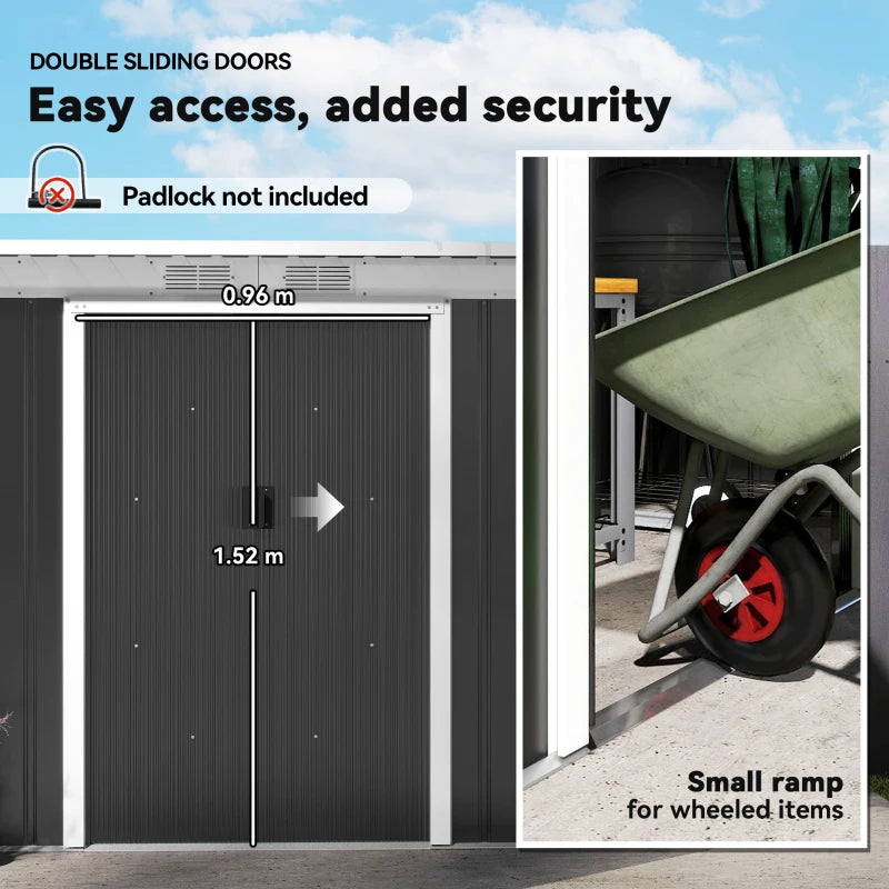 Black 9ft x 4ft Metal Garden Storage Shed With Foundation Kit, Ventilation and Double Doors