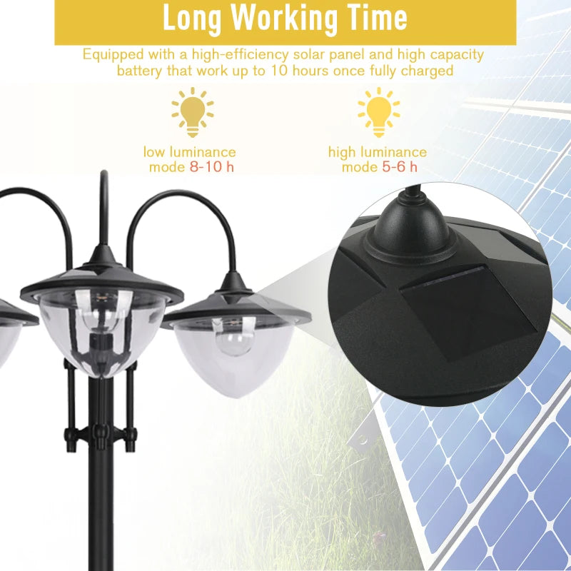 189cm 3-Head Solar Lamp Post with Planter Automatic On 6 Hour Max Outdoor LED Street Light Black