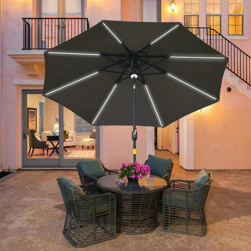 Grey Solar LED Garden Parasol - 2.7m Sun Umbrella