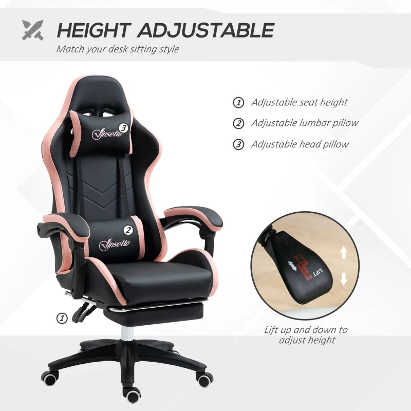 Vinsetto Gaming Chair with Footrest - PU Leather Office Desk Chair, 135° Recline, Lumbar Support, Headrest, Black & Pink