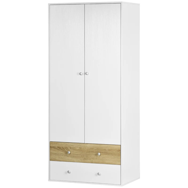 Stylish 2-Door Wardrobe with Drawers and Hanging Rod for Bedroom Storage Solutions