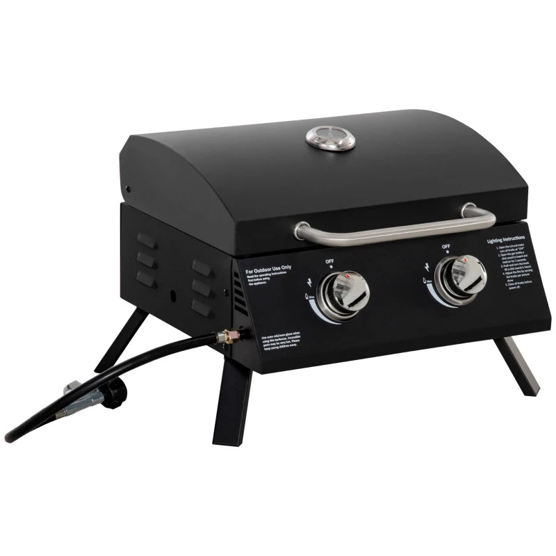 Portable Black 2-Burner Gas BBQ Grill with Lid and Thermometer