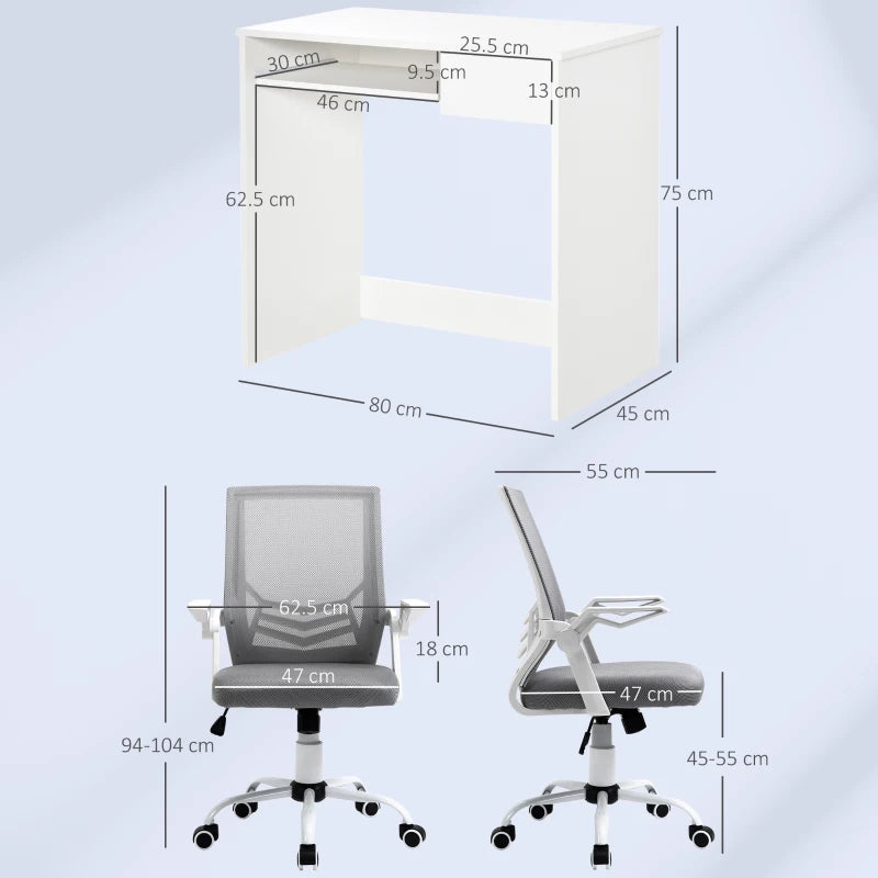 Vinsetto Home Office Chair & Desk Set - Ergonomic Mesh Chair with Flip-up Armrests, Study Desk with Keyboard Tray, White & Grey