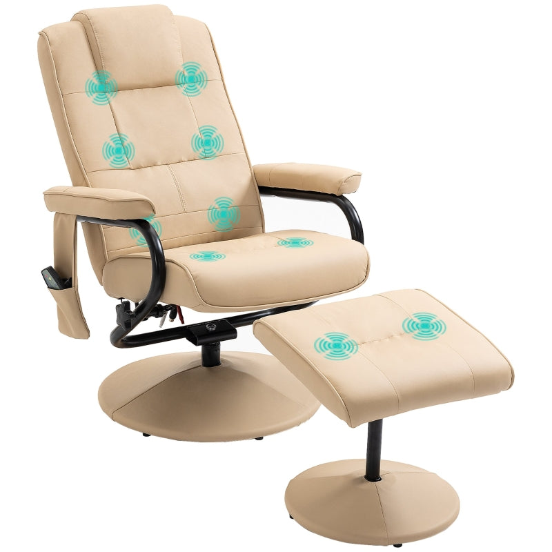 Cream PU Leather Reclining Armchair with Massage Function and Ottoman - Manual Sofa Chair