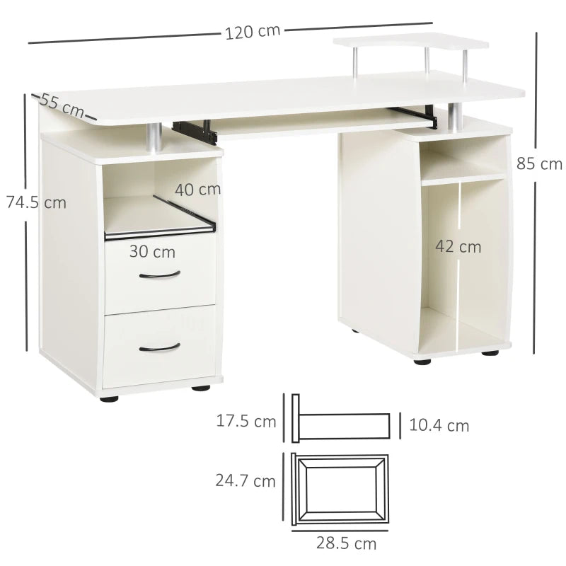 Modern White Computer Desk with Keyboard Tray, CPU Shelf, Drawers & Sliding Scanner Shelf - Ideal Office Workstation