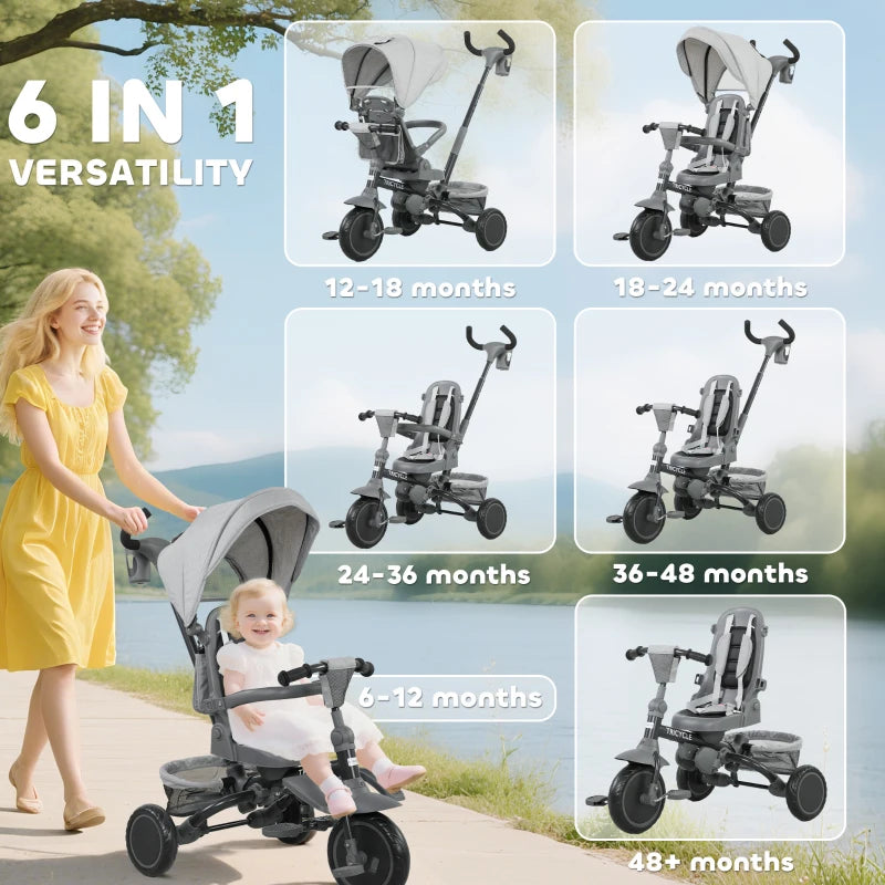 6 in 1 Foldable Kids Trike with Adjustable Parent Handle and Canopy for Ages 1 to 5 Grey