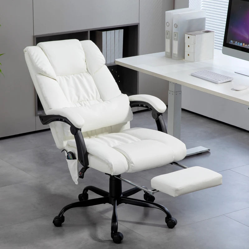 Vinsetto 6-Point Massage Office Chair - Adjustable PU Leather Desk Chair with Footrest for Home Office - White