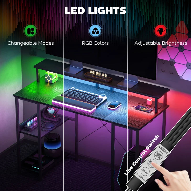 Modern LED Computer Desk with Power Outlets & Shelves - Stylish Black Home Office Furniture