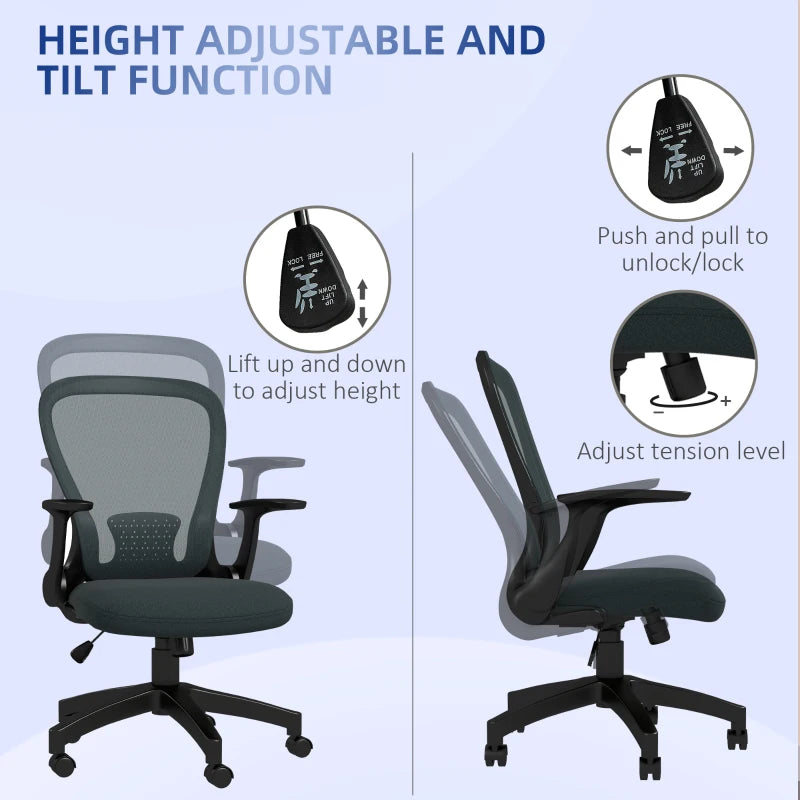 Vinsetto Ergonomic Mesh Office Chair with Flip-Up Armrests, Lumbar Support & Swivel Wheels - Stylish Grey Desk Chair
