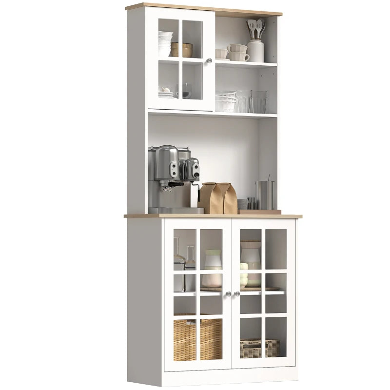 Freestanding Kitchen Storage Cabinet with Adjustable Shelves and Glass Doors 80L x 37W x 183H cm White