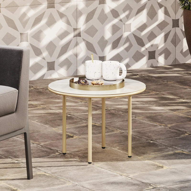 60cm Round Small Garden Table - Outdoor Side Table with Faux Marble Top, Steel Frame, Beige