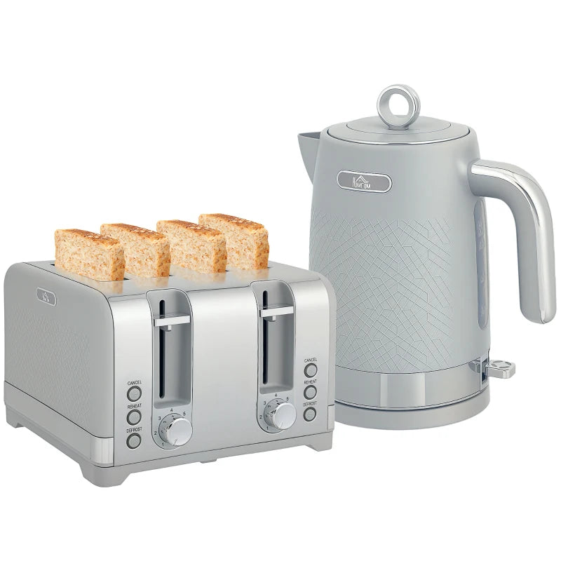 Sleek Grey Textured Kettle & Four-Slice Toaster Set - Modern Kitchen Appliances for Stylish Cooking