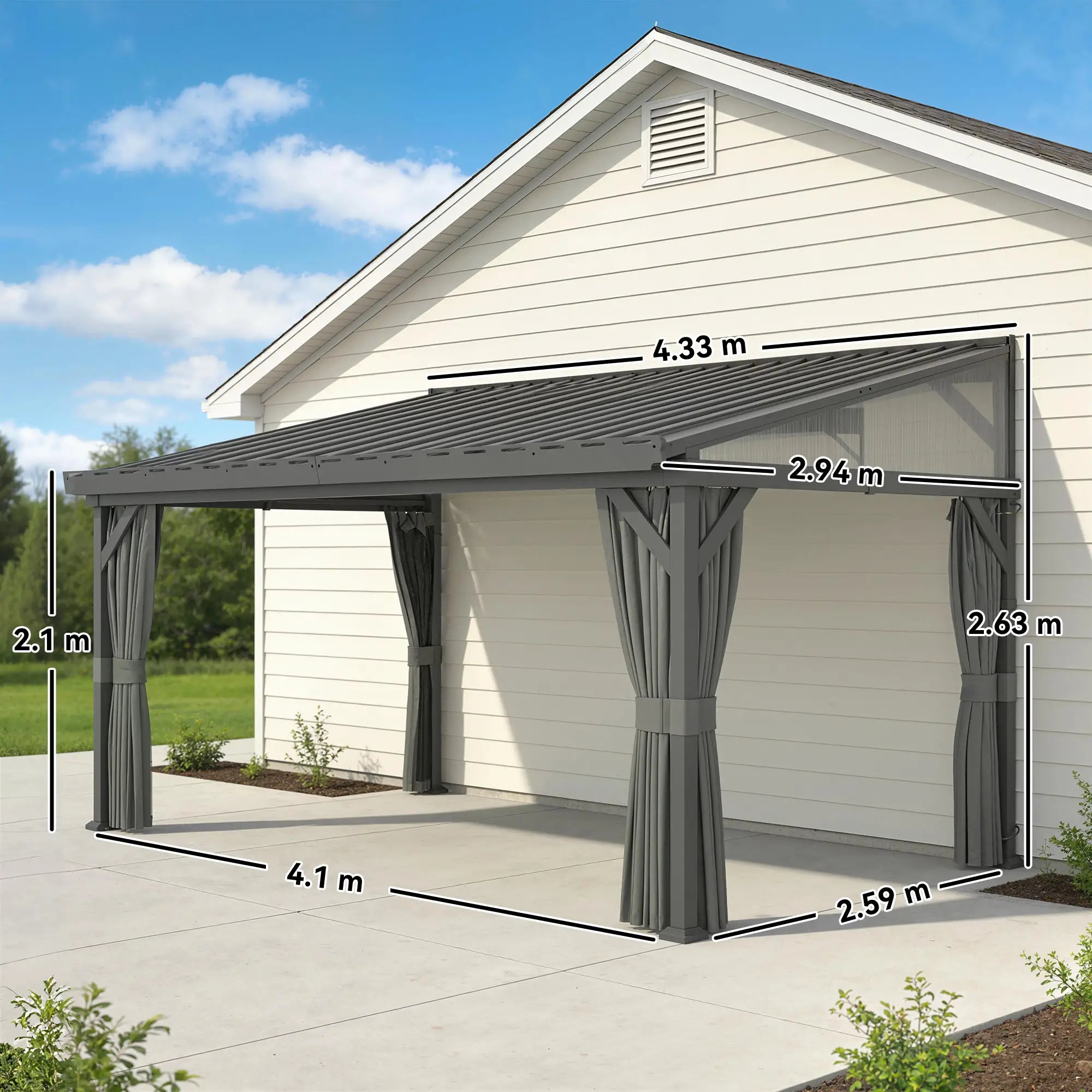 4.3m x 3m Lean-To Garden Pergola with Galvanised Steel Roof – Dark Grey Patio Gazebo with Netting Curtains for All-Weather Outdoor Living