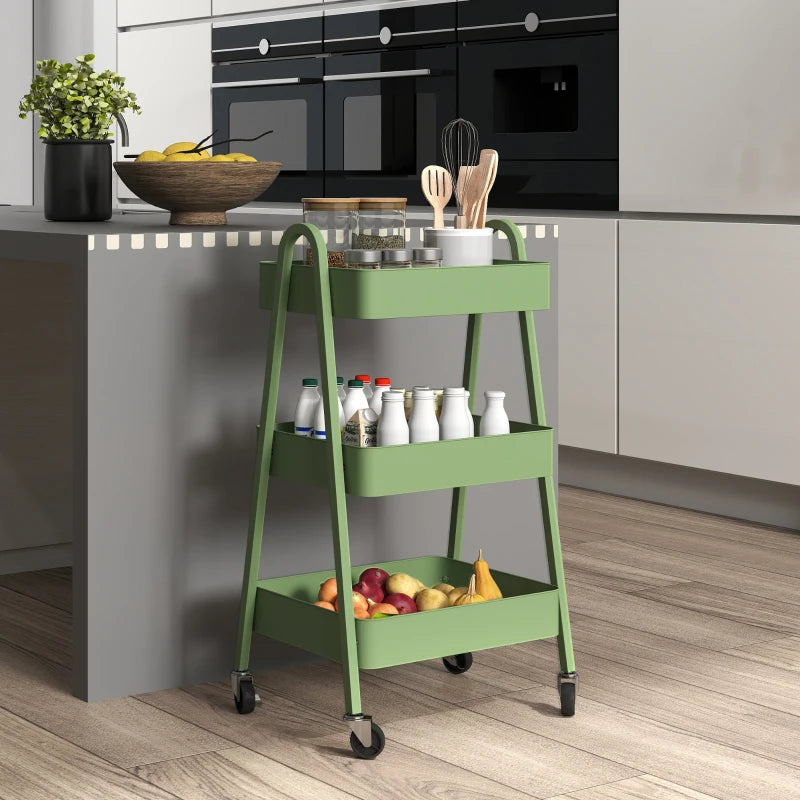 Versatile Three-Tier Green Storage Trolley - Perfect for Organizing Home, Office, or Kitchen - Stylish and Functional Design