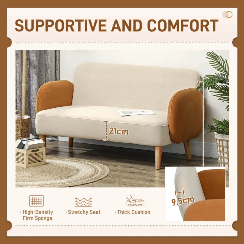 Mid Century Velvet-Feel Two-Seater Sofa in Cream and Orange for Stylish Living Rooms