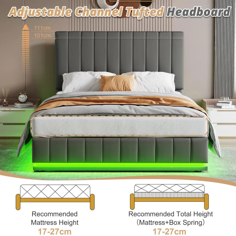 Ottoman Double Bed with Hydraulic Storage & LED Lighting - PU Leather Frame, Adjustable Headboard, Grey, 193x142x101-111 cm