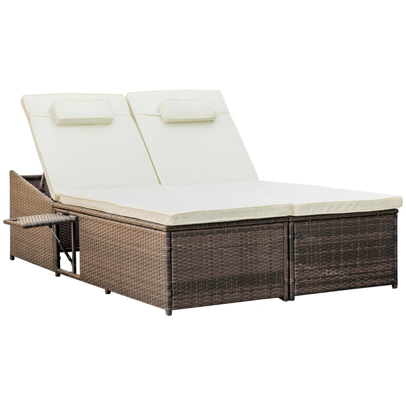 Double Rattan Sun Lounger Recliner Day Bed - Cream