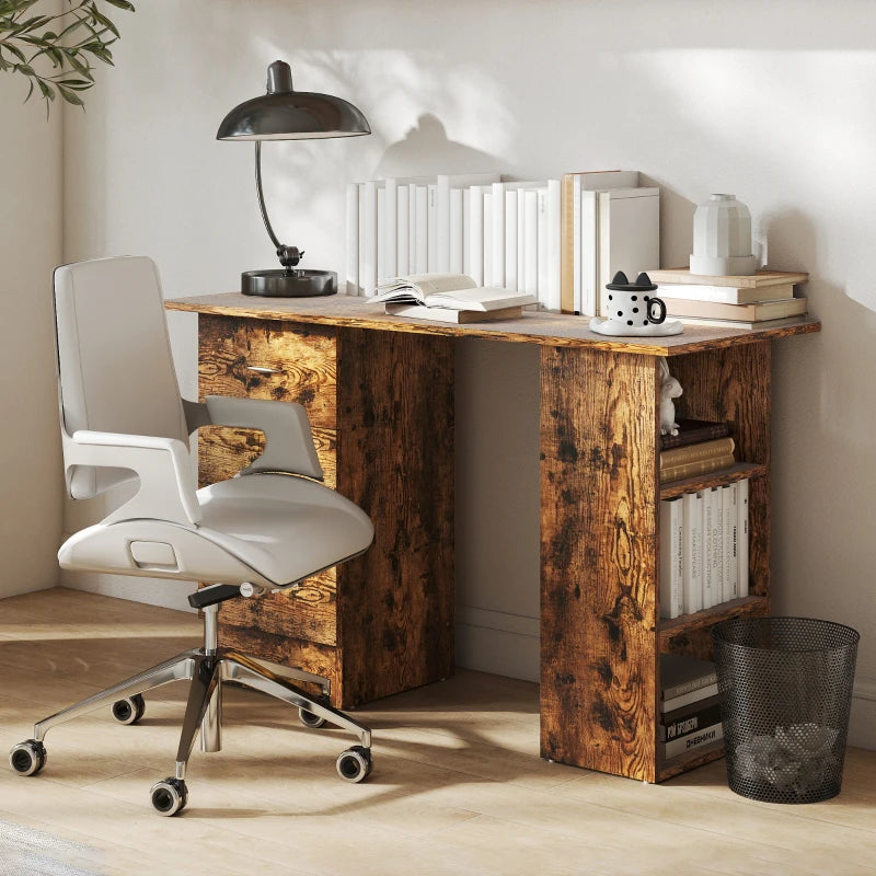 Rustic Brown Computer Desk with 3 Storage Shelves & Drawers, Stylish Writing Table for Home Office, Silver Handle PC Workstation