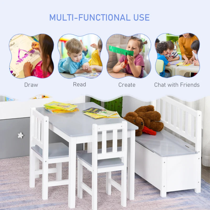 4-Piece Kids Table & Chair Set - 2 Wooden Chairs, Storage Bench, Modern Design, Grey/White - Perfect for Playrooms