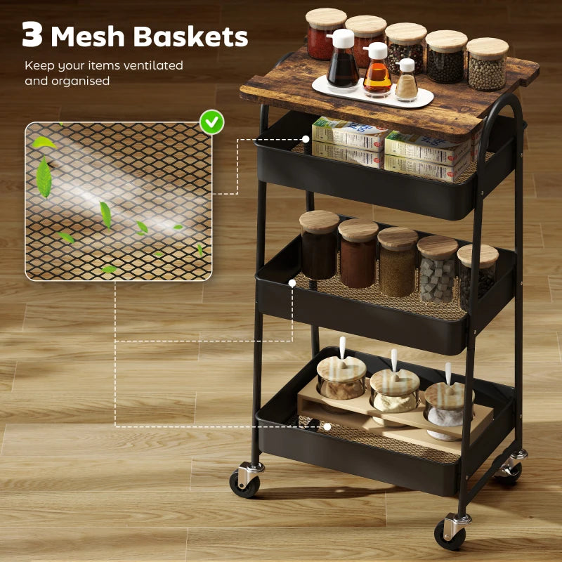 Rustic Brown & Black 3-Tier Kitchen Storage Trolley on Wheels with Cover Top Board - Stylish & Functional