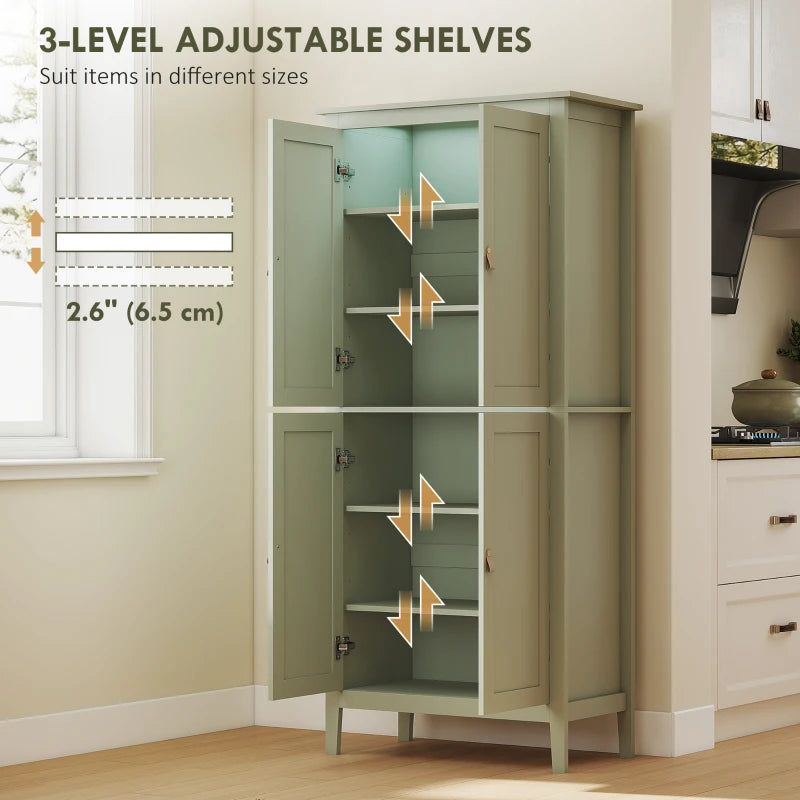 Tall Green Pantry Cupboard with Motion Sensor LED Light for Kitchen Storage