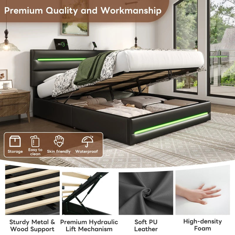 King Upholstered Bed Frame with Hydraulic Storage & LED Lighting, USB & Type-C Ports, 210x160x110 cm, Black
